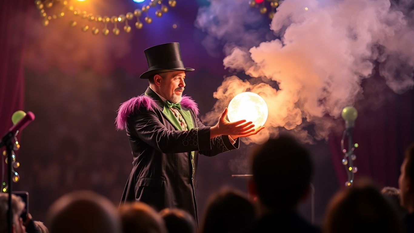 Magician performing a festive illusion with lights and smoke.