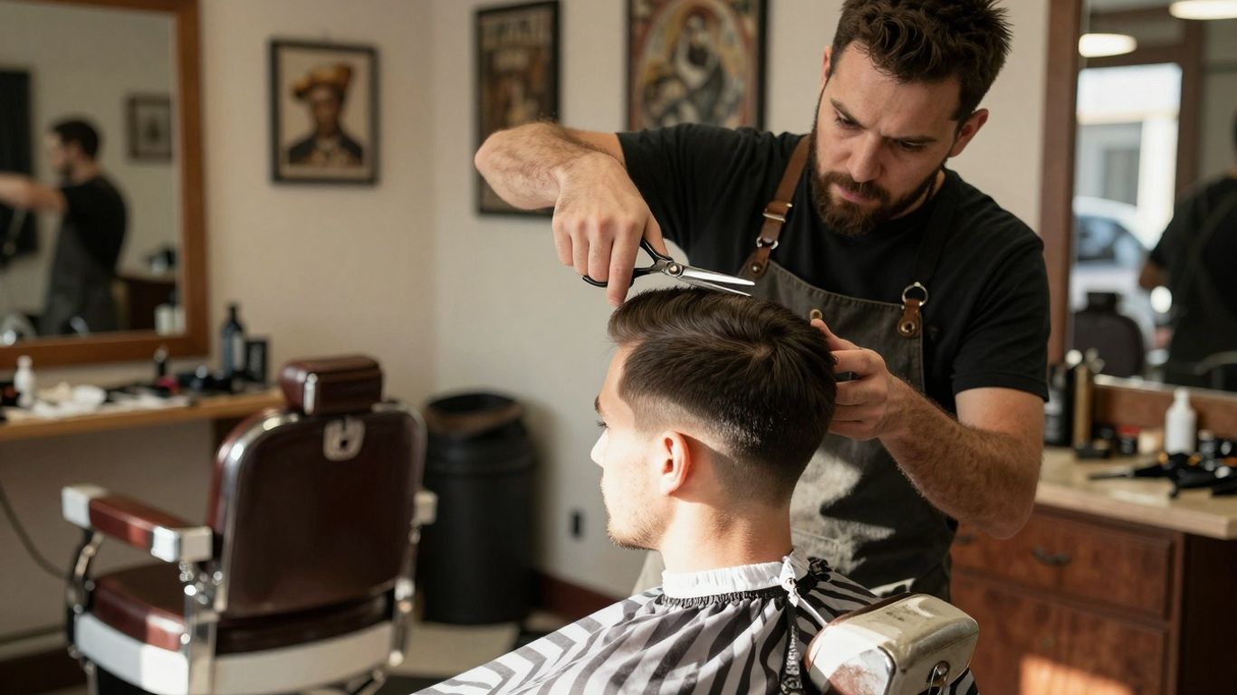 Barber giving a classic haircut in a vintage Salt Lake City shop.