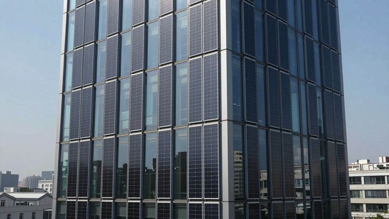 モダンな建物のファサードにある垂直ソーラーパネル。