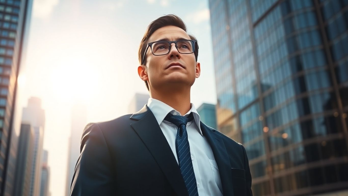 Professional looking towards a bright city skyline.