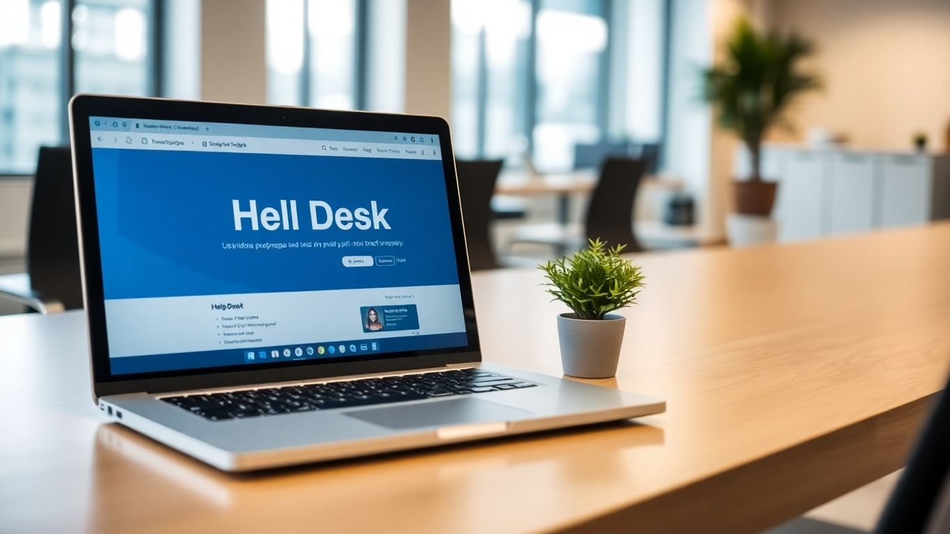 Modern desk with laptop showing help desk software.