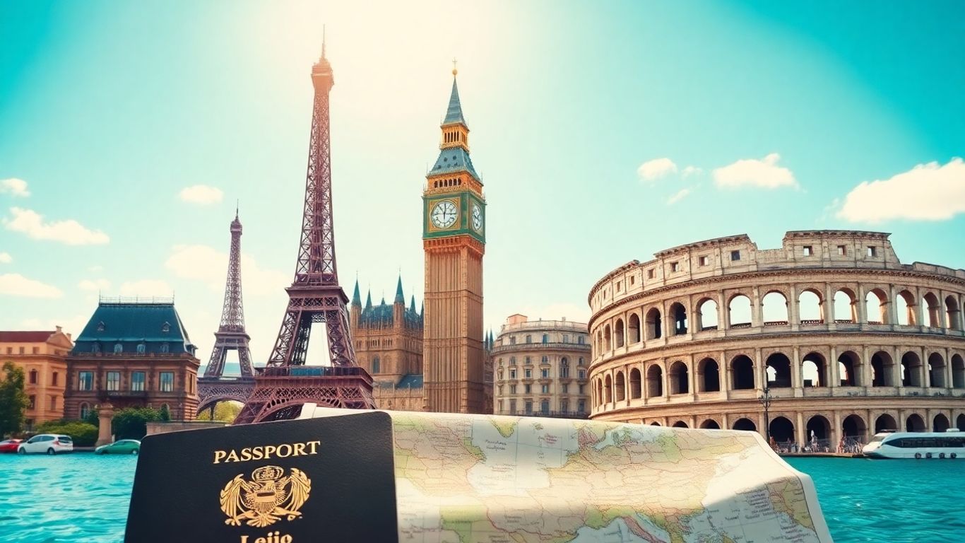 European landmarks with passport and map.