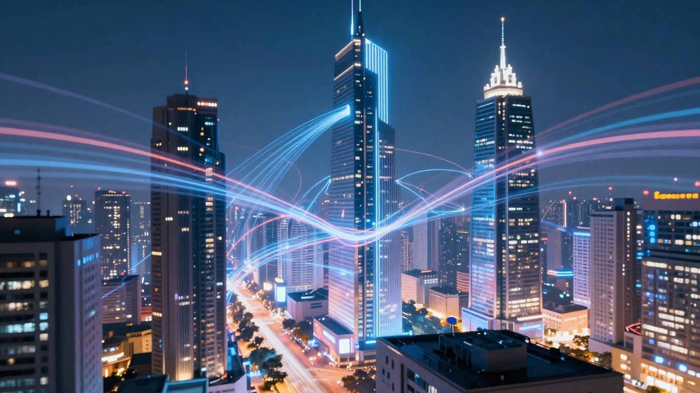 Rețele 6G futuriste conectând un oraș luminos.
