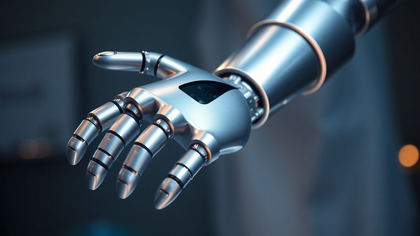 Surgical robot arm with precise joints and polished metallic surface.