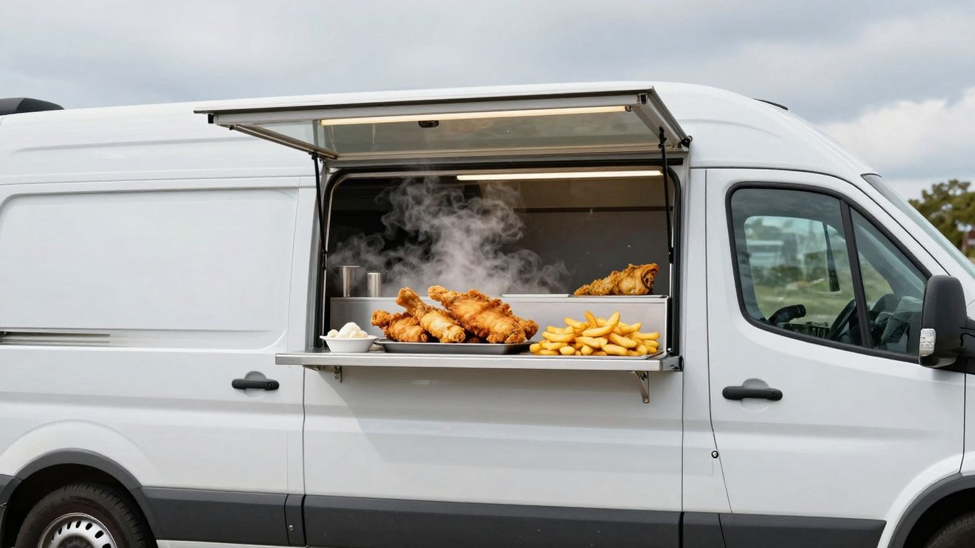 Fish and chip van with steaming hot food