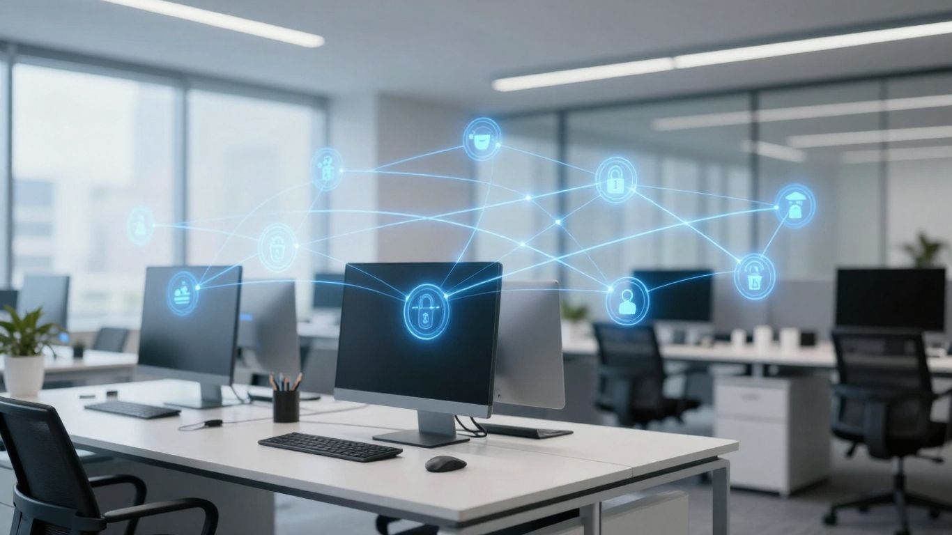 Secure digital network in a modern office.