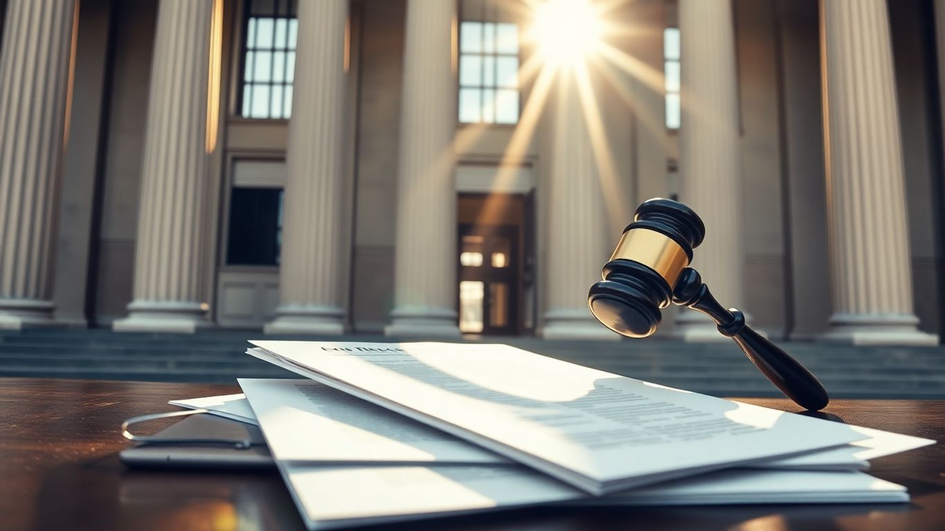 Jamaican courthouse with gavel and legal papers.