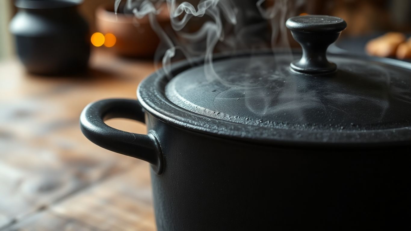 Cast iron Dutch oven with steam escaping.