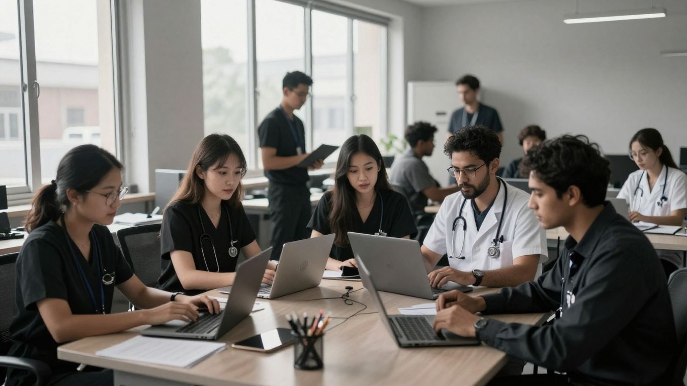 Oameni lucrând în diverse profesii, simbolizând ocuparea forței de muncă.