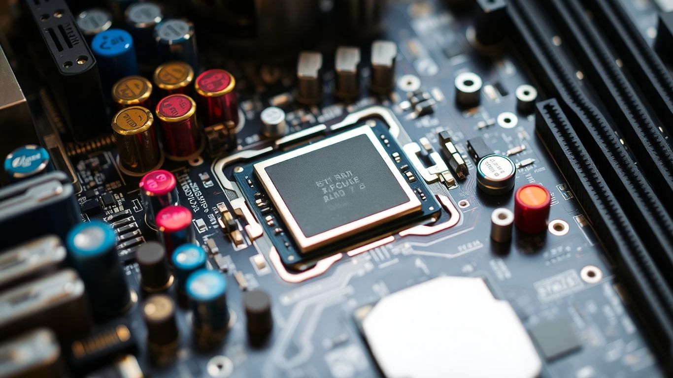Placa base de ordenador con circuitos y componentes visibles.