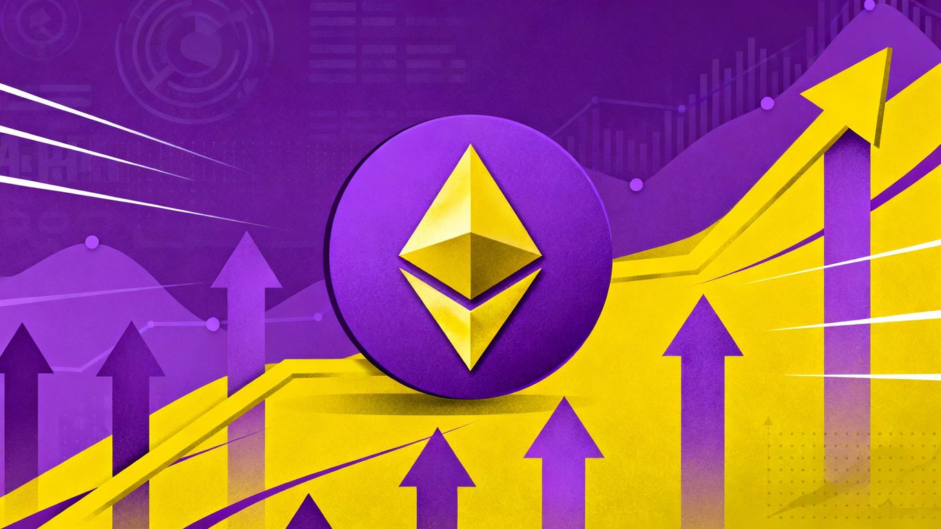 Ethereum logo with upward arrows, Ark Invest growth.
