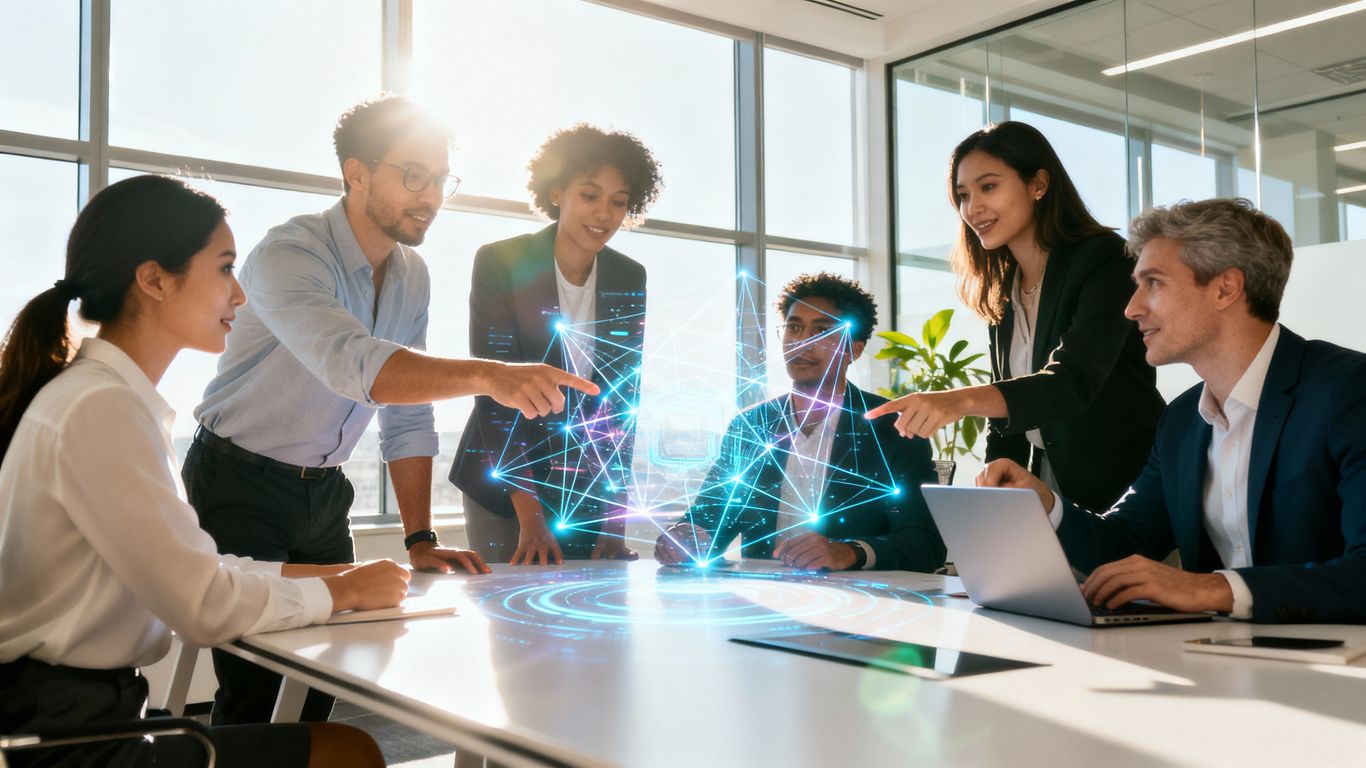 Business professionals discussing IT solutions with a holographic display.