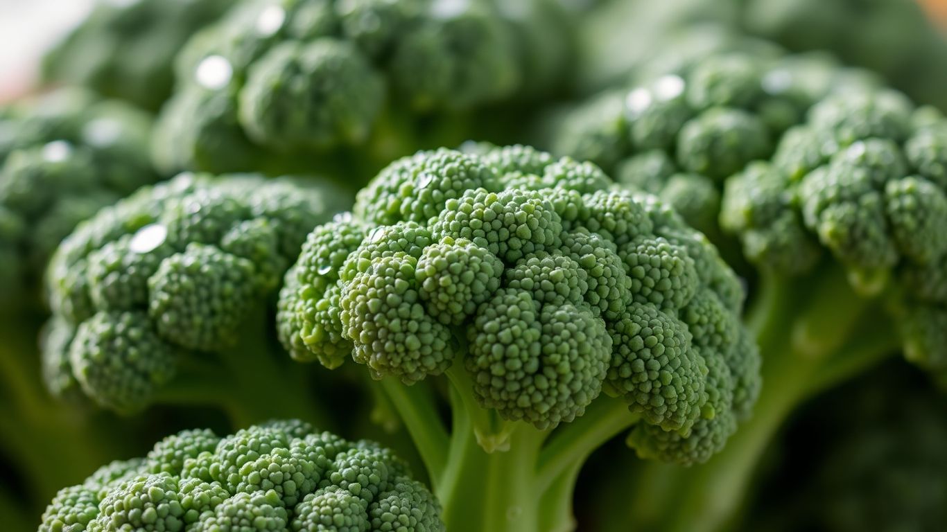 Fresh broccoli florets with water droplets