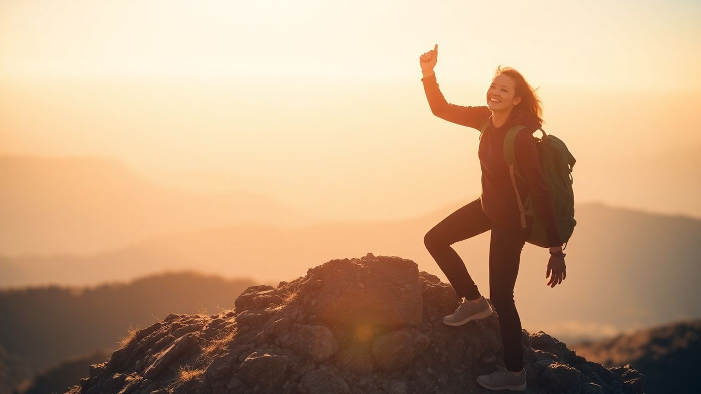 Person celebrating reaching the top of a small hill.