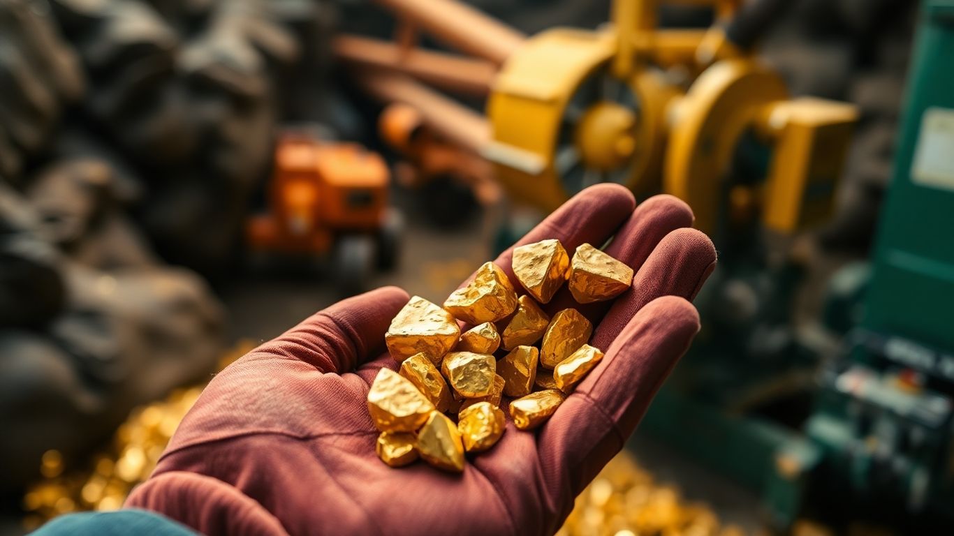 现代金矿开采，使用金块和机器。