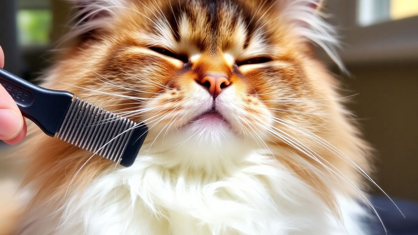Cat enjoying grooming with a comb.