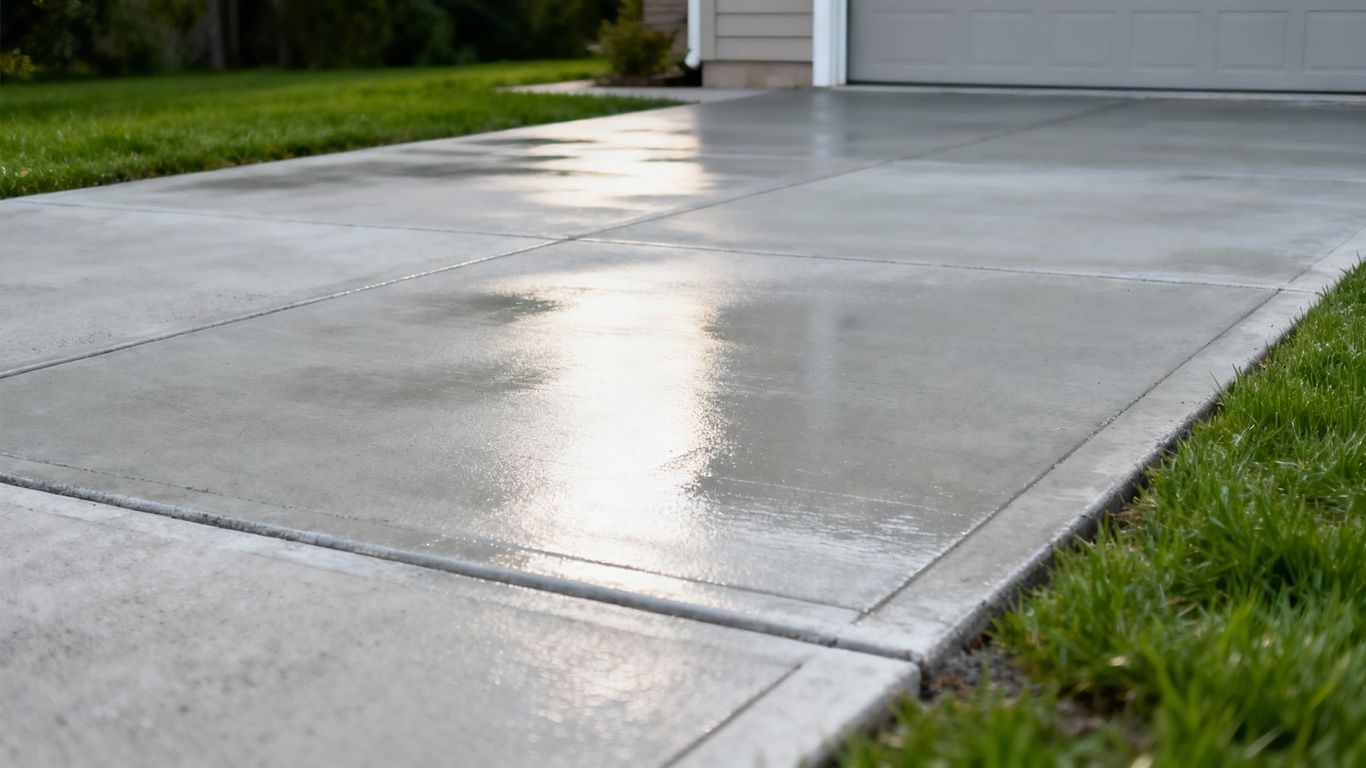 Smooth, gray concrete driveway installation.