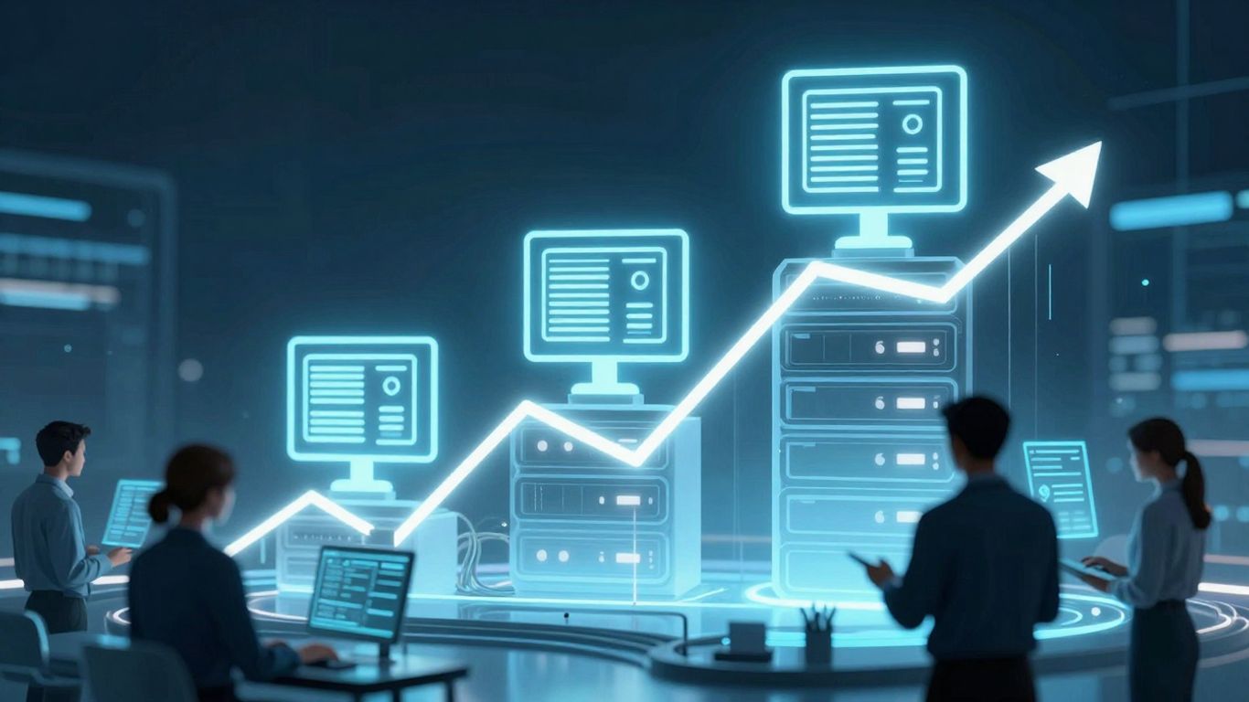 IT support career growth infographic with futuristic technology elements.