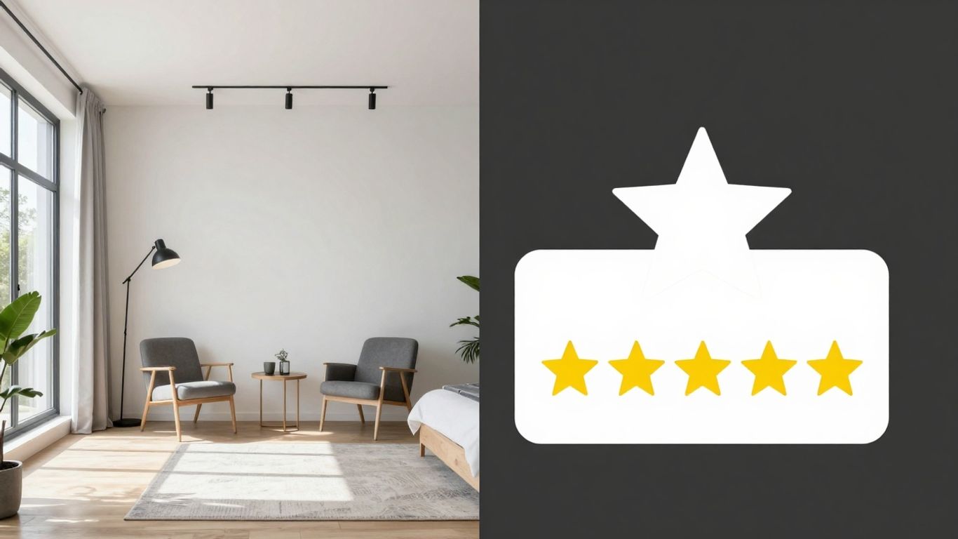 Modern Airbnb interior with high star rating graphic.