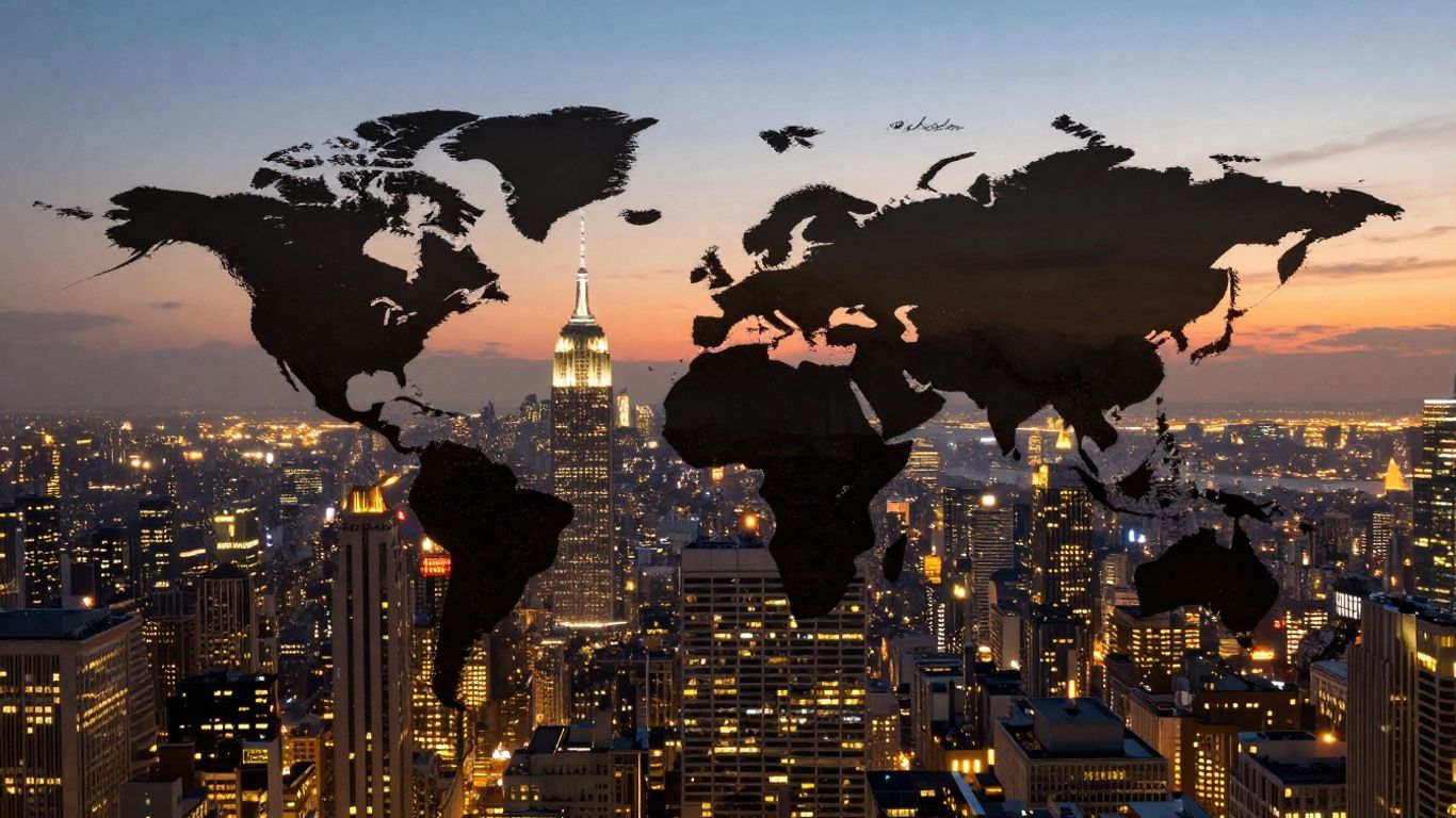 Orașe globale conectate, zgârie-nori iluminați, economie mondială.