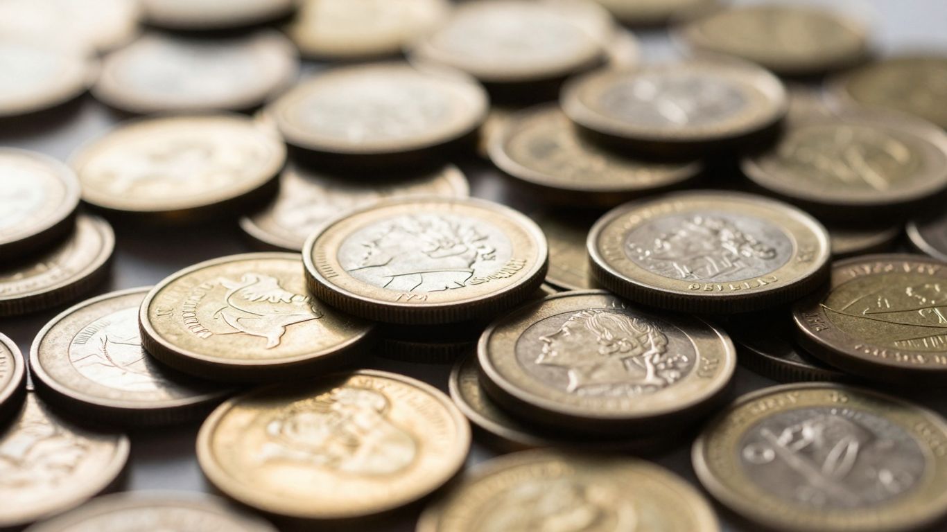 Pile of diverse coins with sunlight glinting off surfaces.
