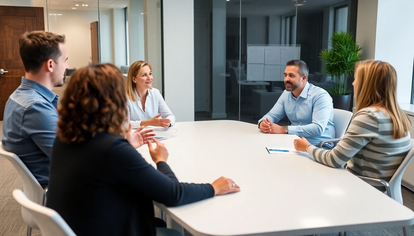 People discussing at a table during a meeting.