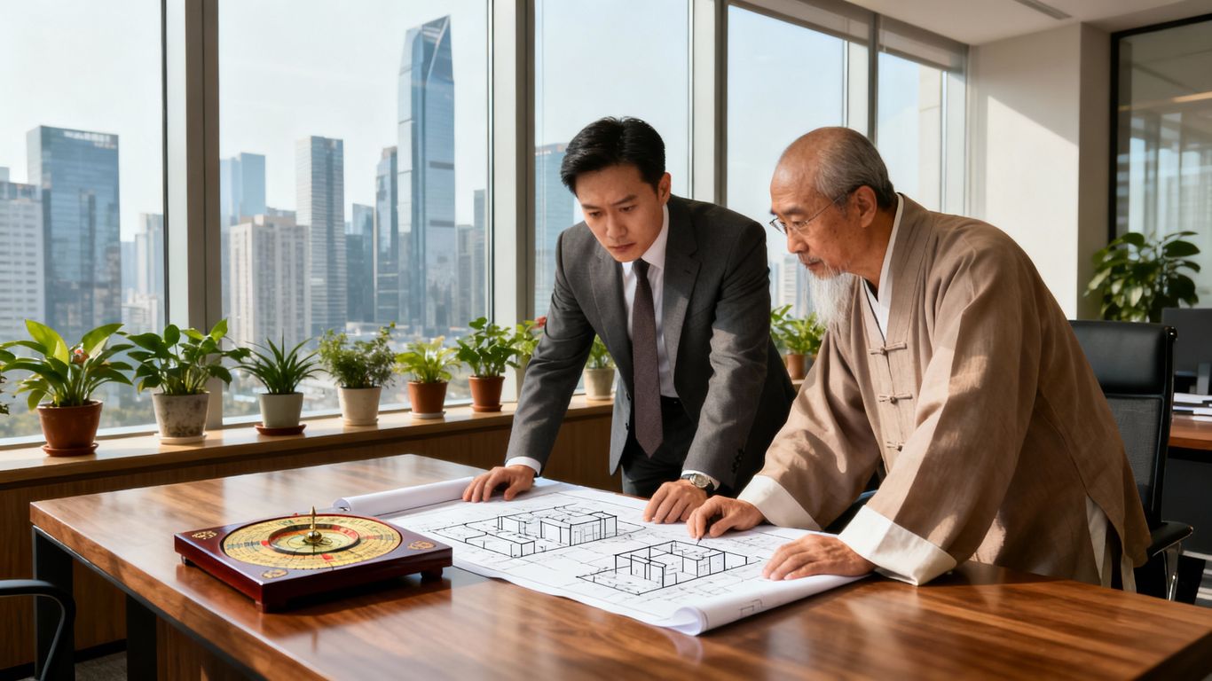 企業家與風水師在辦公室討論風水調查