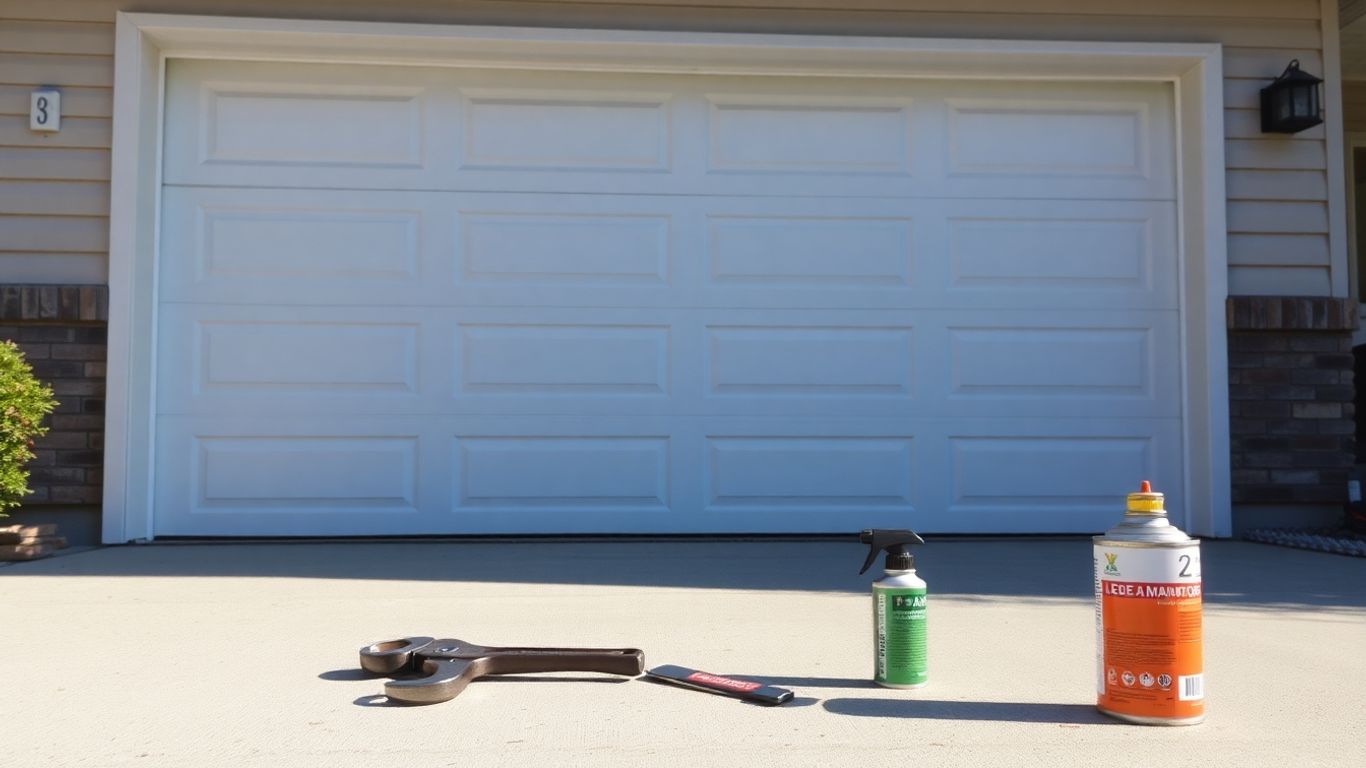 Photographic garage door with maintenance tools outdoors