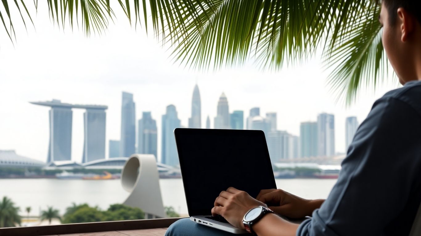Laptop user with Singapore skyline and palm trees.