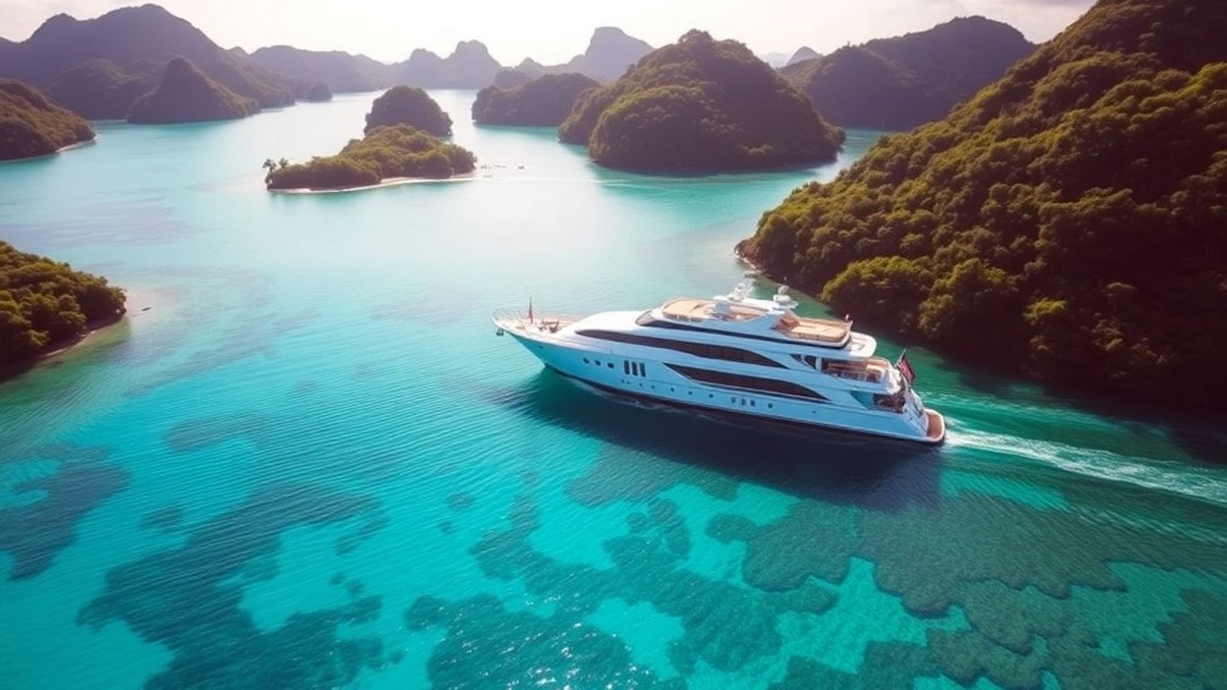 Luxury yacht sailing in Raja Ampat's turquoise waters.