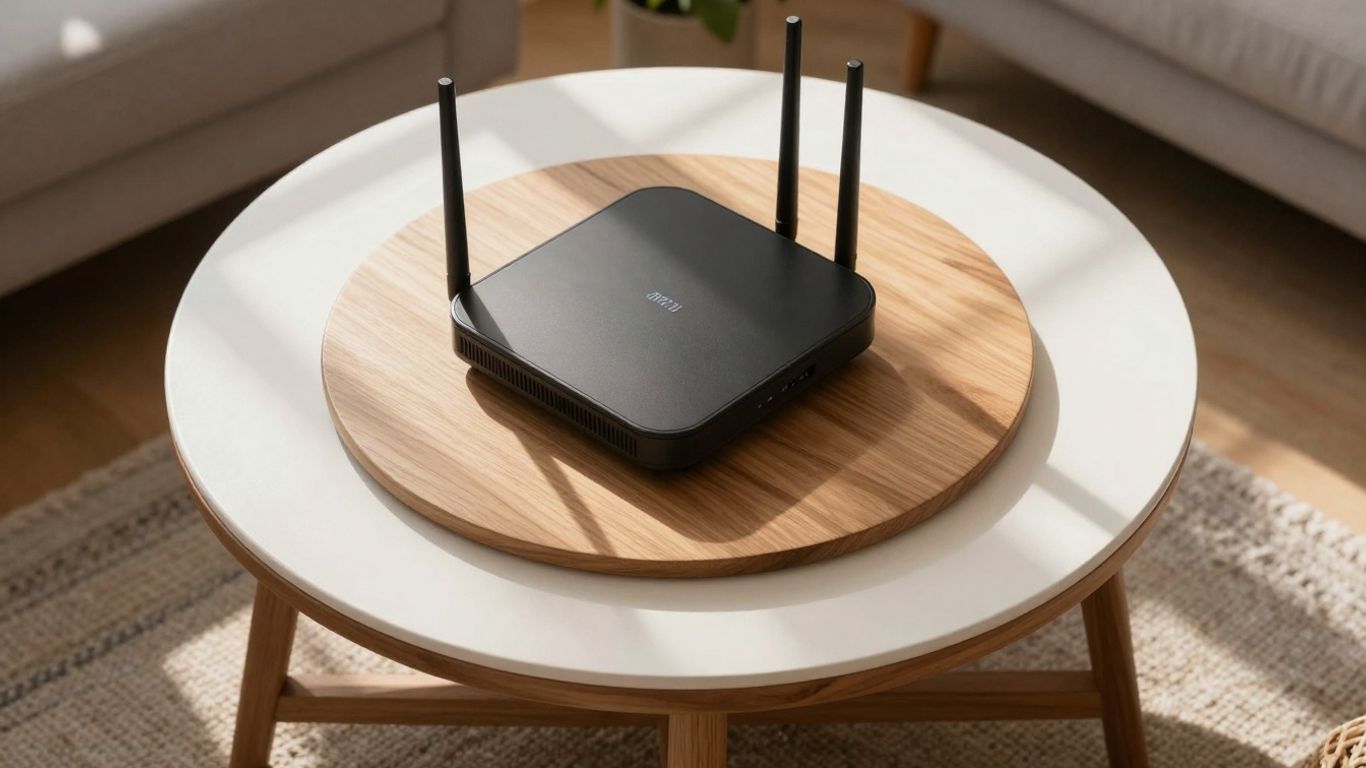 Modern WiFi router in a stylish Airbnb living room.