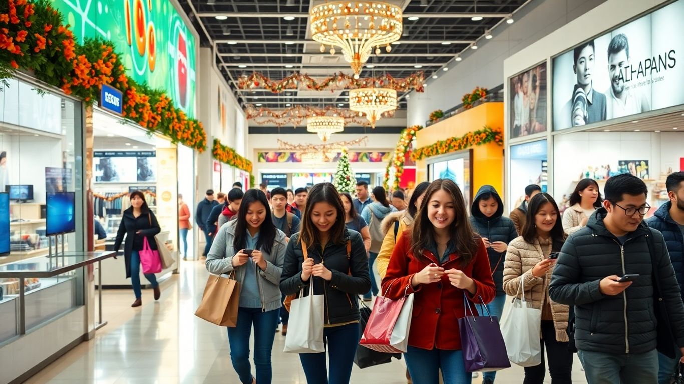 Shoppers in decorated mall during big sale event