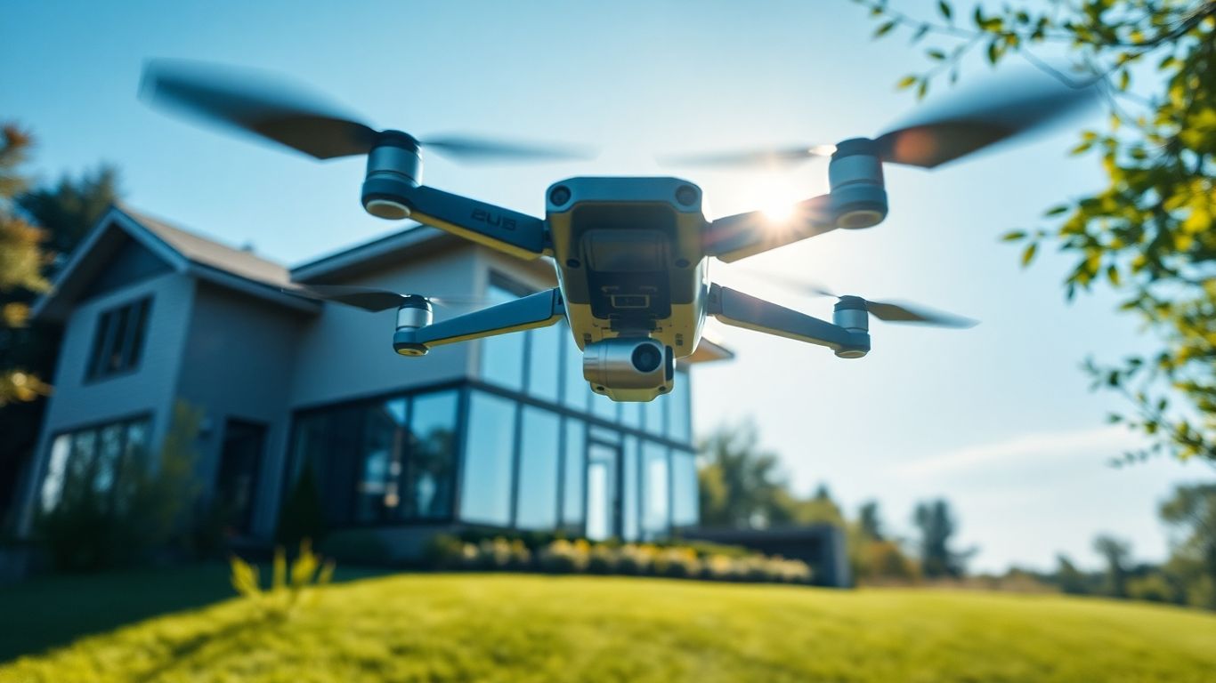 Drone flying near a house, aerial photography.