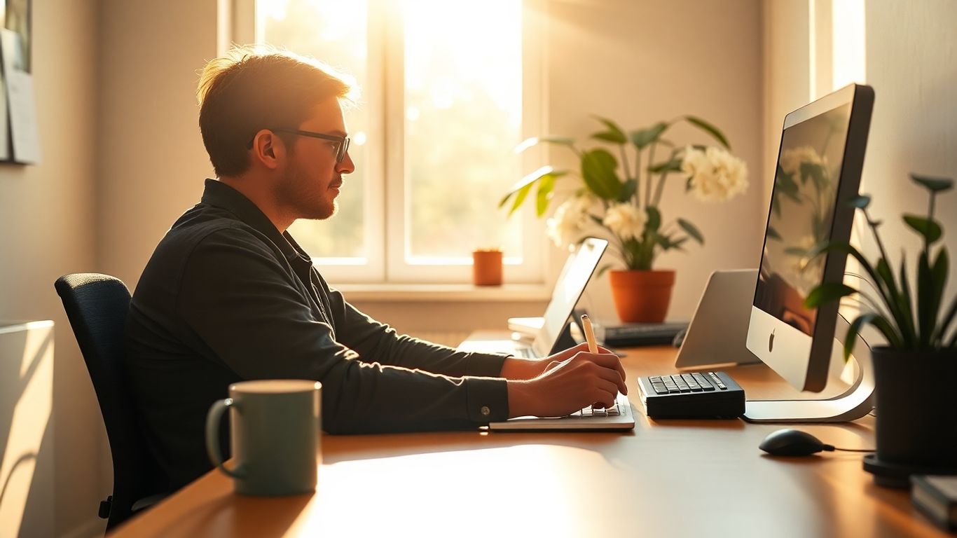Person working calmly at a sunlit, organized desk.
