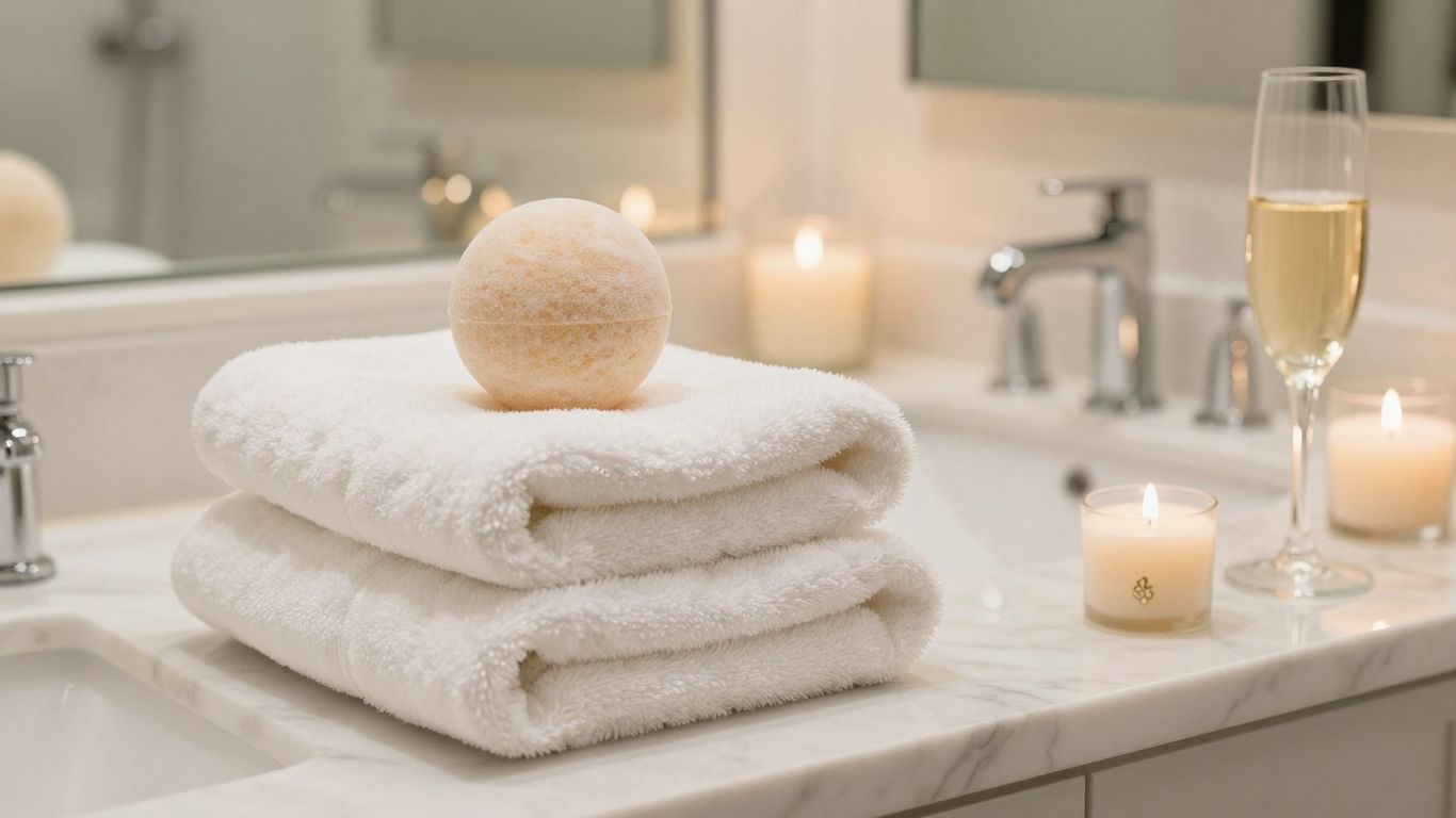 Baie luxoasă cu prosoape pufoase și lumini ambientale.