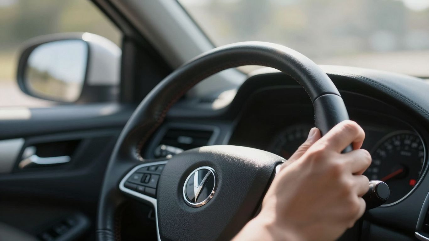 Car interior with hand on steering wheel.