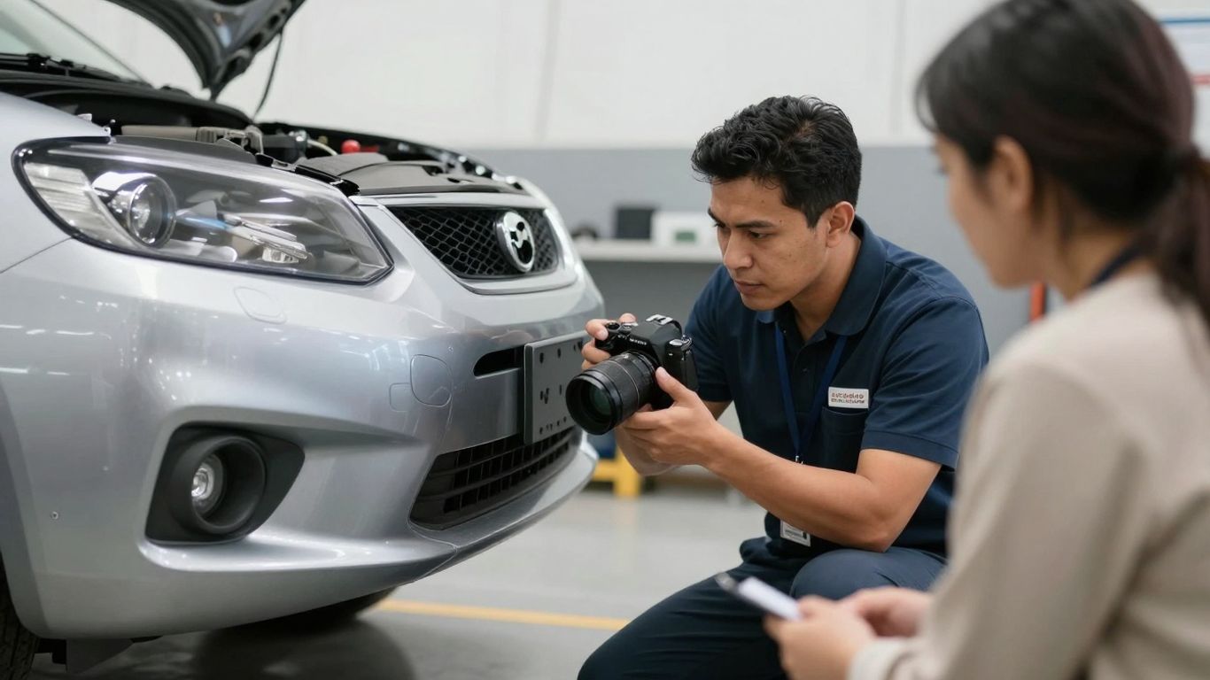 Kfz-Sachverständiger prüft Autoschaden mit Kamera und Kollege
