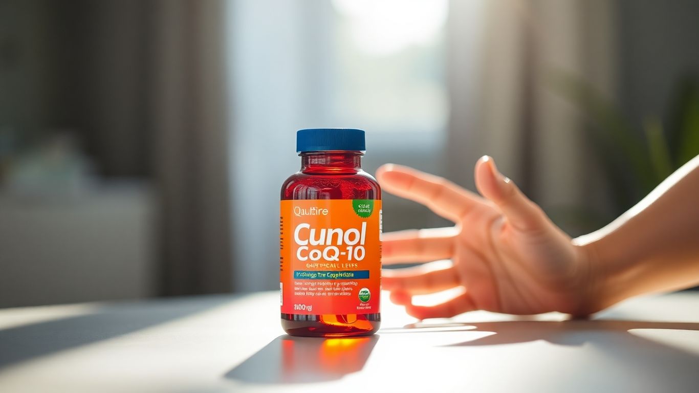 Qunol CoQ10 bottle with a hand reaching for it.
