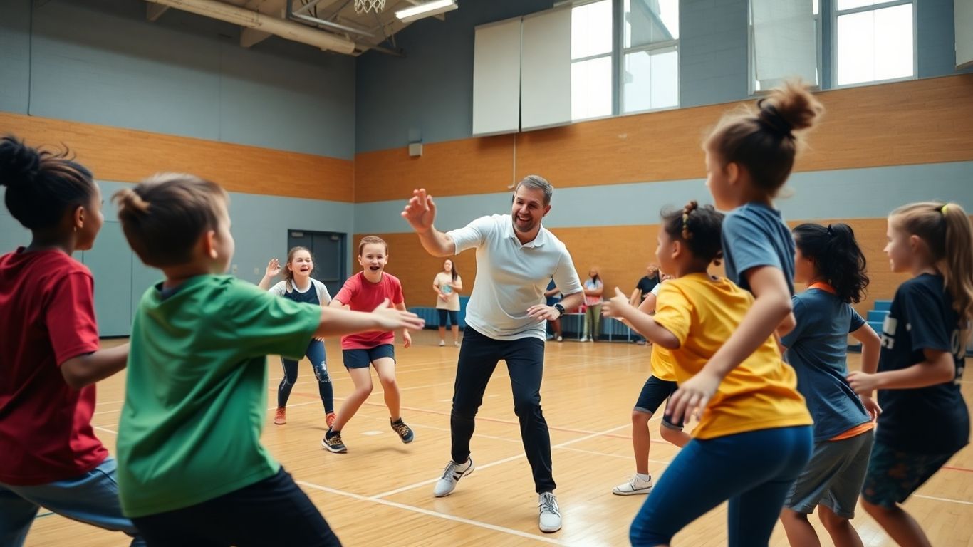 Lehrer und Sch&uuml;ler in sportlicher Aktivit&auml;t im Unterricht