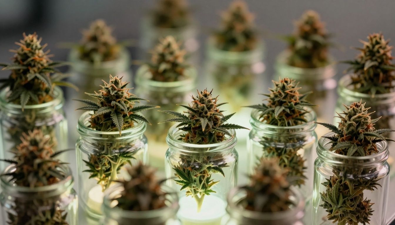 Cannabis strains glowing in display jars at a dispensary.