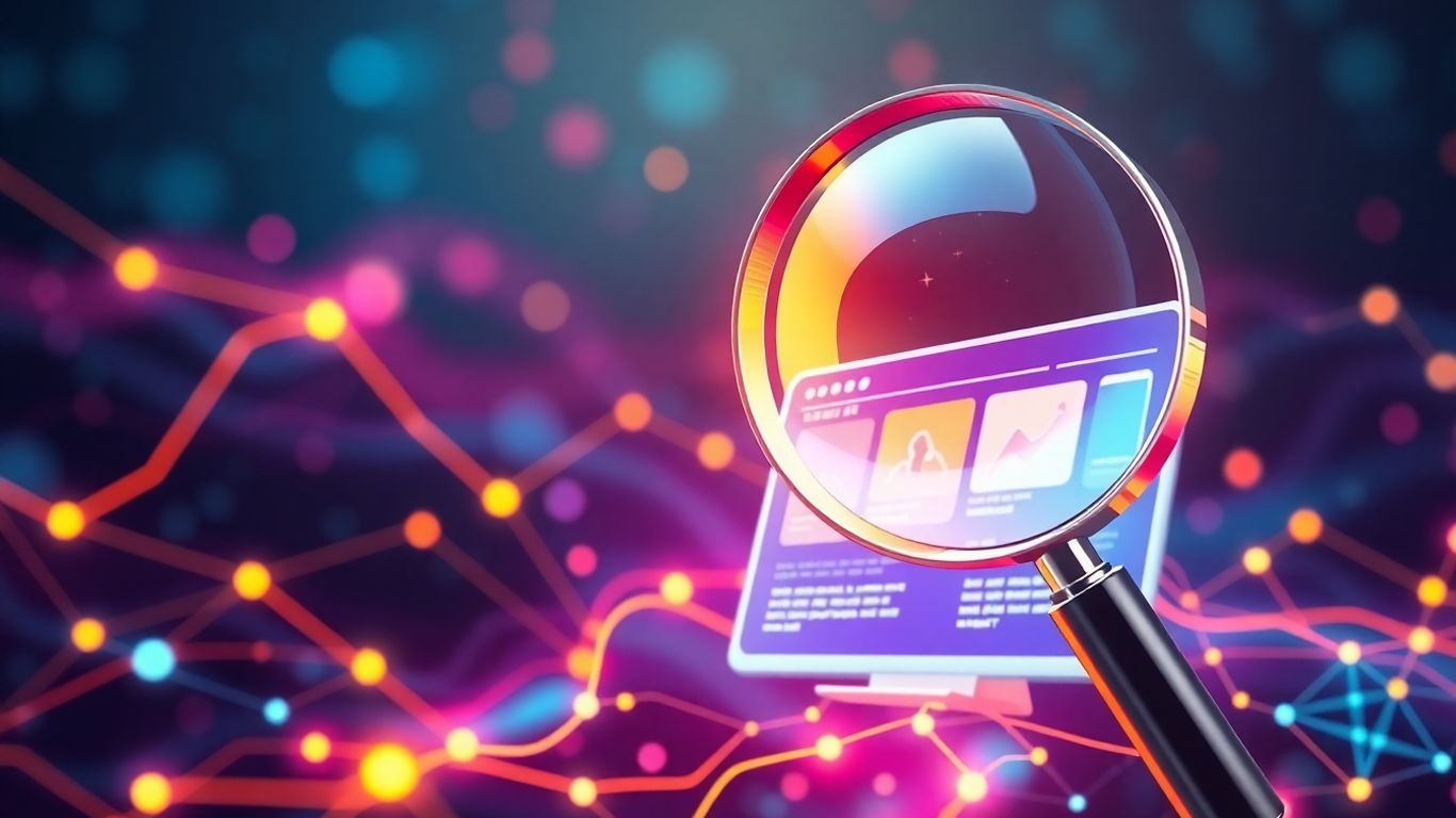 Digital landscape with magnifying glass over website.