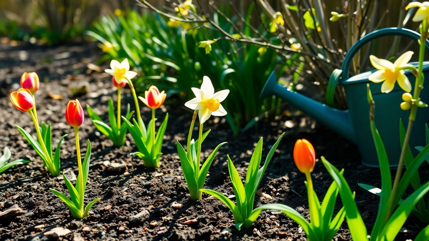 Frühlingsgarten mit Blumen und Sonnenlicht