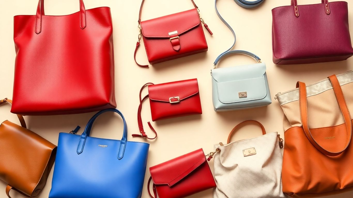 Verschiedene Damenhandtaschen nebeneinander aufgereiht.