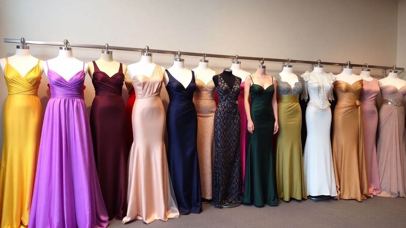 Elegant formal dresses in various styles and colors.
