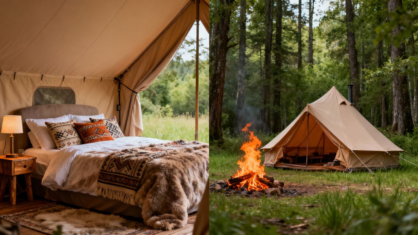 Glamping tent versus camping tent in nature.