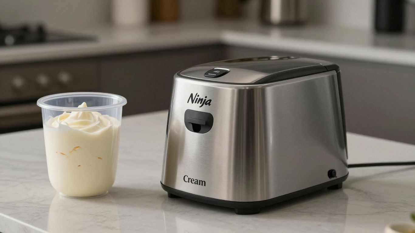 Ninja Creami ice cream maker on a kitchen counter.