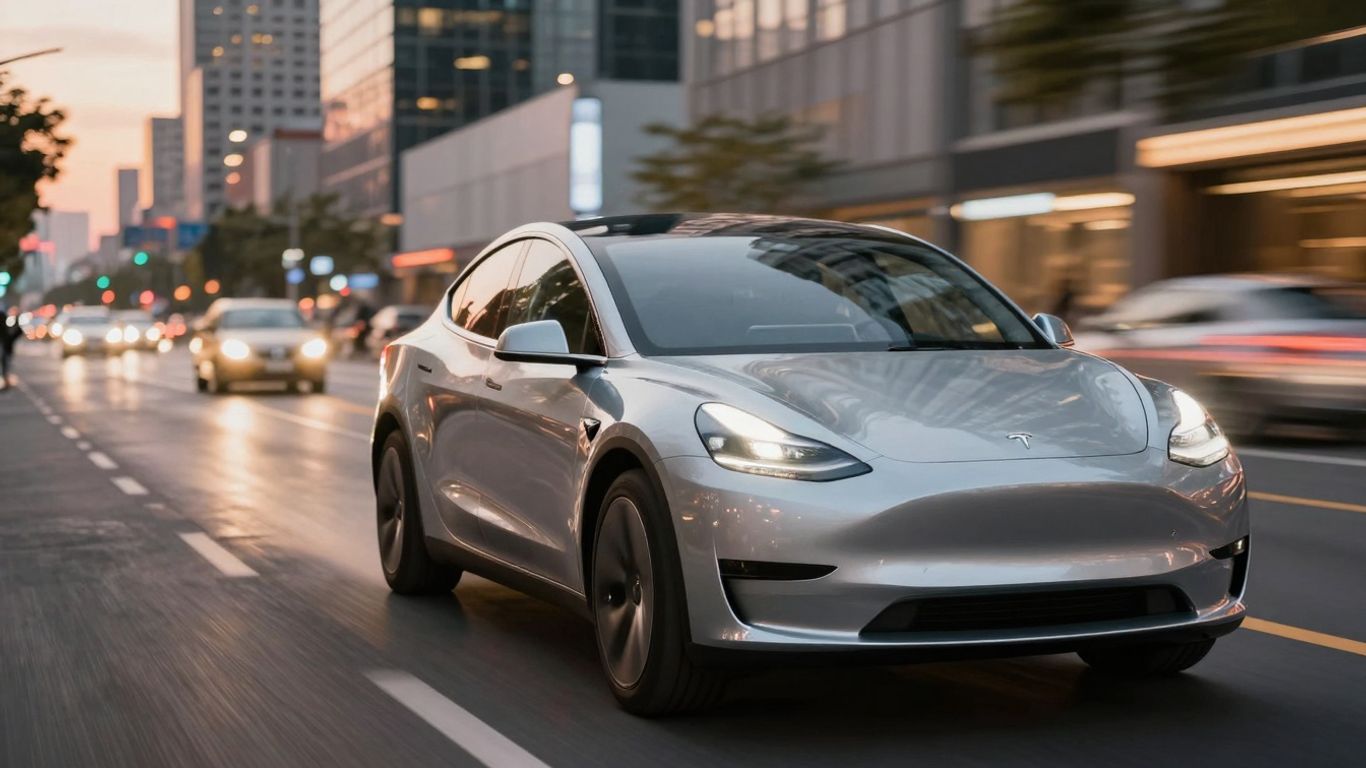 Tesla car driving on a city street at dusk.