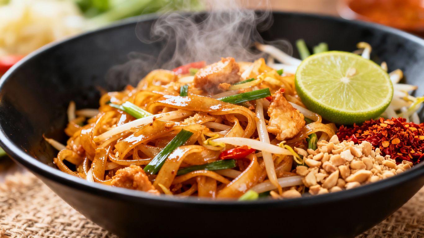 Steaming Pad Thai noodles with lime, peanuts, and chili flakes.