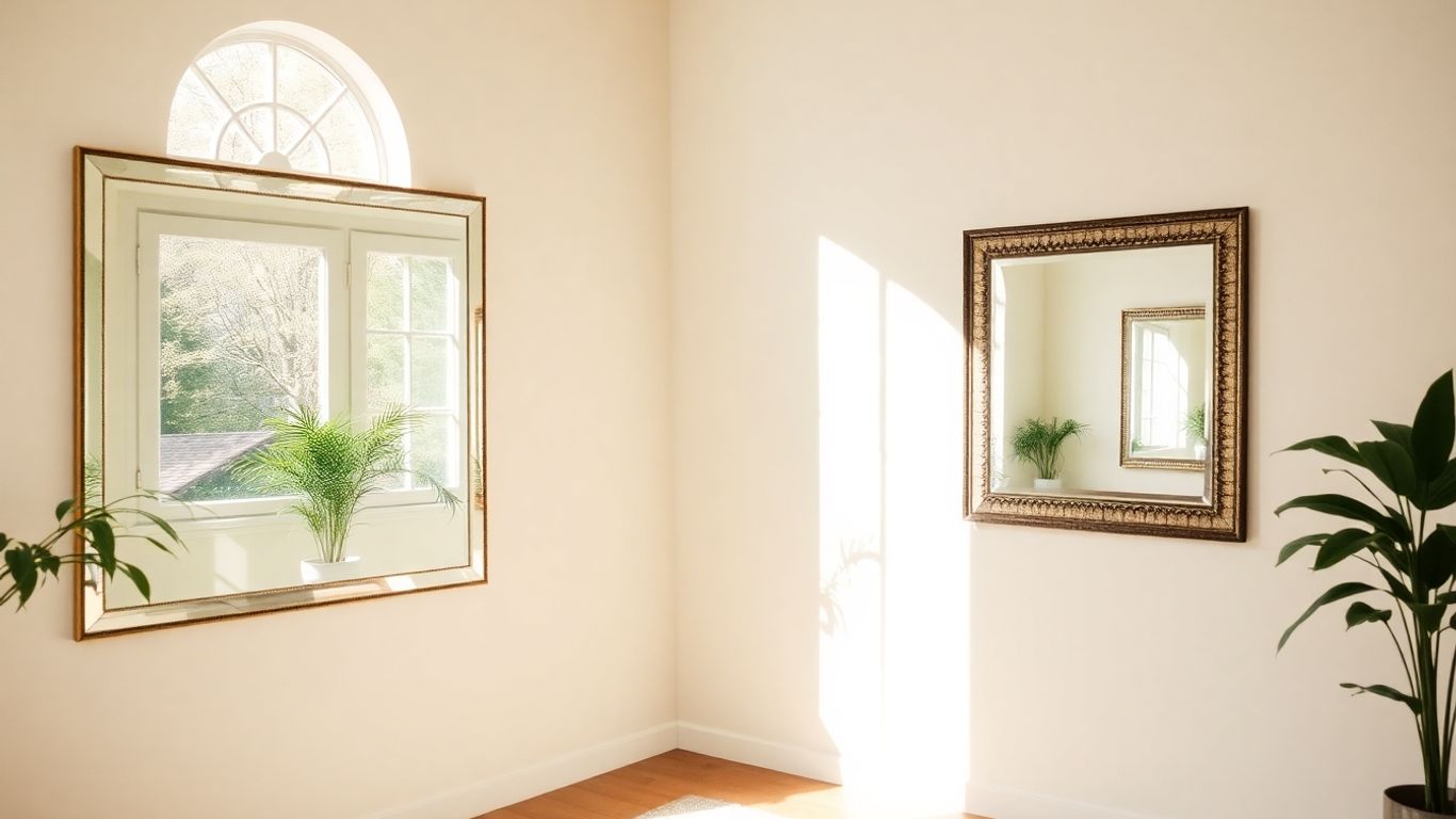 Oglinzi amplificând lumina și spațiul într-o cameră.