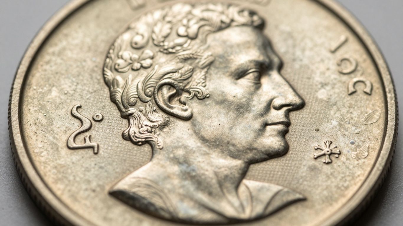 Close-up of a coin's detailed artistry and craftsmanship.